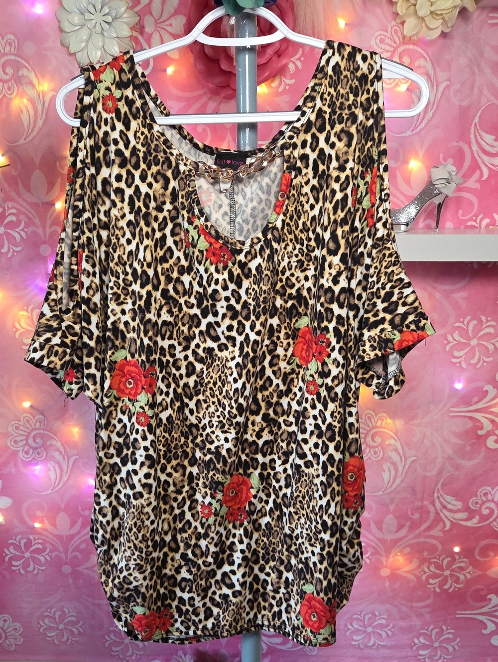 First Love Leopard Print Cold-Shoulder Blouse with Red Floral Accents